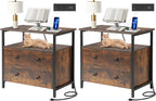 27 inch Wide Night Stand Set 2 with Charging Station, Bedside Table with Open Shelf, 2 Drawers Small Wood Dresser, Modern Wood Nightstand for Bedroom/Living Room (Rustic Brown)