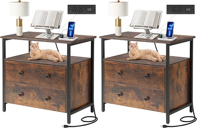 27 inch Wide Night Stand Set 2 with Charging Station, Bedside Table with Open Shelf, 2 Drawers Small Wood Dresser, Modern Wood Nightstand for Bedroom/Living Room (Rustic Brown)