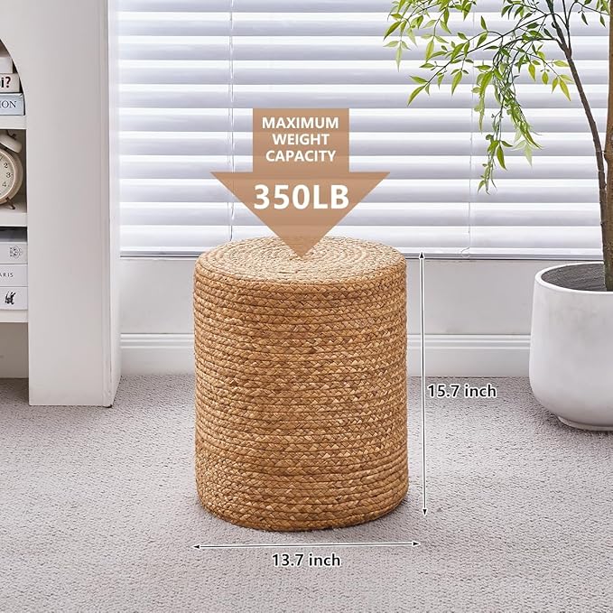 Wimarsbon Round Pouf Ottoman with Wood Frame, Handwoven Natural Water Hyacinth Seagrass Pouffe,Outdoor Rattan Stool Accent Seat, Bohemian Coastal Home Decor (14inch Natural Water Hyacinth)
