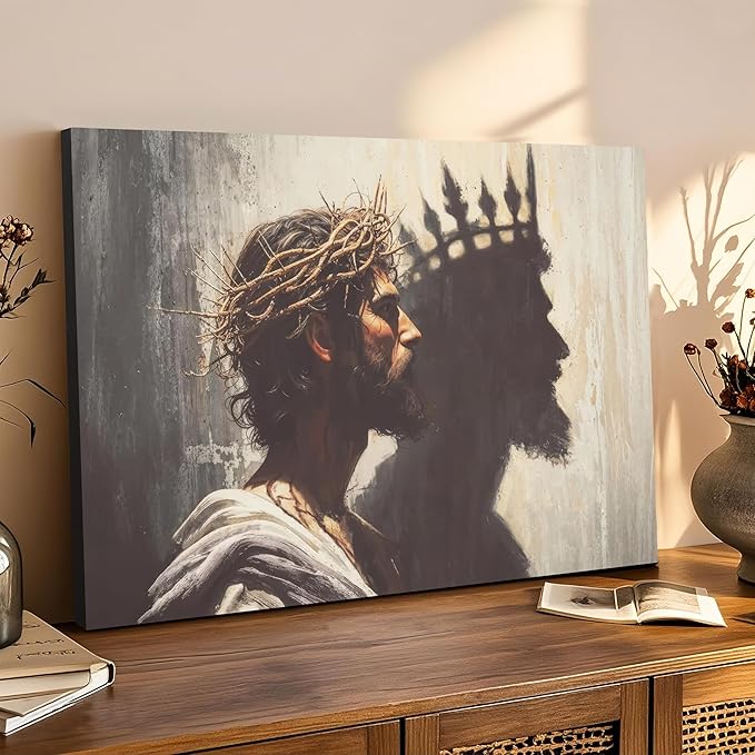 Framed Jesus is the King Christian Wall Art, Jesus and Crown Canvas Wall Decor Christ Biblical Pictures Painting Prints Religious Room Decor for Church Prayer Room Schools Hospitals 12" x 16"