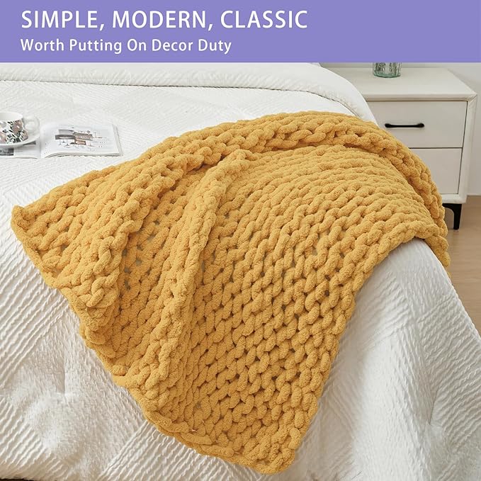 Bigacogo Chunky Knit Throw Blanket for Couch, 40x40 inches, 100% Hand Knitted with Thick Jumbo Chenille Yarn, Cozy Soft Large Rope Knot Cable Crochet Blankets for Sofa Bed Living Room, Mustard Yellow