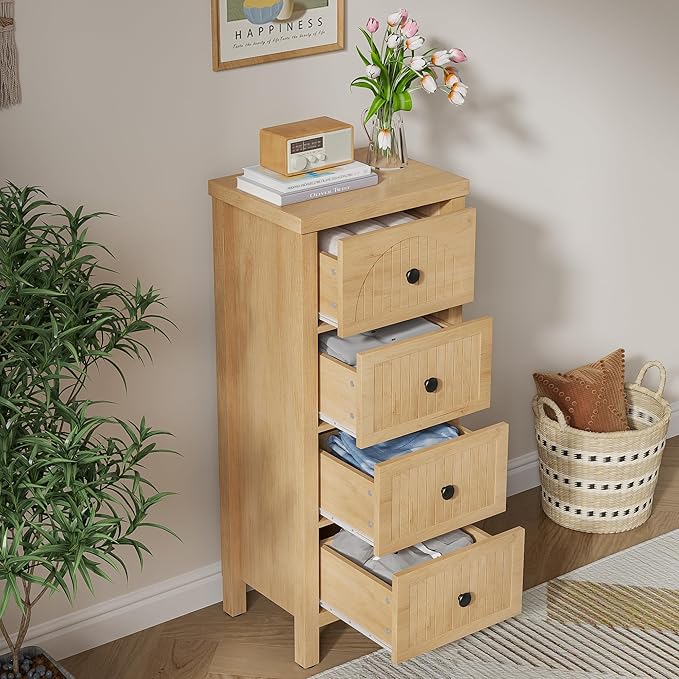 4 Drawer Dresser for Bedroom 36.81''Tall Modern Chest of Drawers with Fluted Panel Wood Storage Dresser Organizer with Deep Drawers for Nursery Living Room Hallway (1, Wood Color)