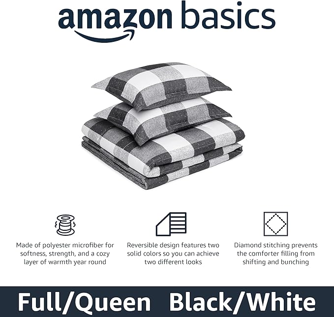 Amazon Basics Lightweight Microfiber Comforter Sets, 3-Pieces, Black/White,Checkerboard, Full/Queen
