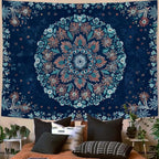 Fowocu Boho Floral Mandala Tapestry Wall Hanging Blue Bohemian Flower Medallion Tapestry Aesthetic Vintage Navy Hippie Indian Small Tapestries for Bedroom Living Room Dorm Decor 60 x 44 Inch