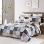 PANGUSHAN 100% Cotton Quilt Set King Size, Patchwork Plaid King Quilt Bedding Set Bedspreads, Farmhouse Lightweight Comforter Reversible Quilt, Navy/Brown/White Bed Spread for King Bed, 3 Pieces
