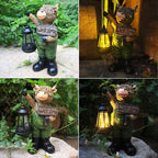 Solar Garden Decor Statues: Handmade Resin Statue with LED Light,Highland Cow Figurine Outdoor Garden Decor Unique Gifts for Women, Mom, Grandma (Green cow1)