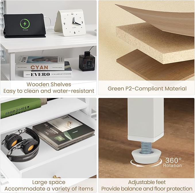 27 Inch Wide Night Stand Set 2 with Charging Station, Wood Nightstand with Open Shelf, Large Drawer Bedside Table for Living Room/Bedroom/Office (White)