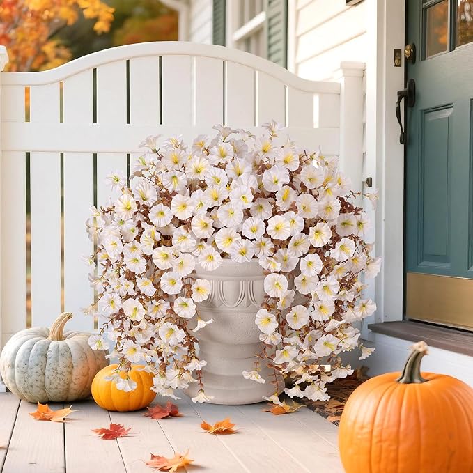 Fake Mums Artificial Fall Hanging Flowers for Outdoors Decoration, 2 PCS Faux Silk Morning Glory with Bown Eucalyptus UV Resistant Plants for Wall Home Porch Patio Balcony Yard Indoor Decor (White)