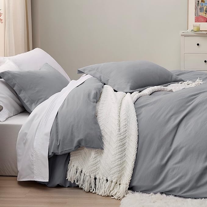 Bedsure Grey Duvet Cover Twin/Twin XL Size - 2 Pieces Prewashed Cotton-Like Extra Soft Bedding Set, Includes 1 Twin Duvet Cover 68x90 Inches with Zipper Closure & 1 Pillow Sham, No Comforter