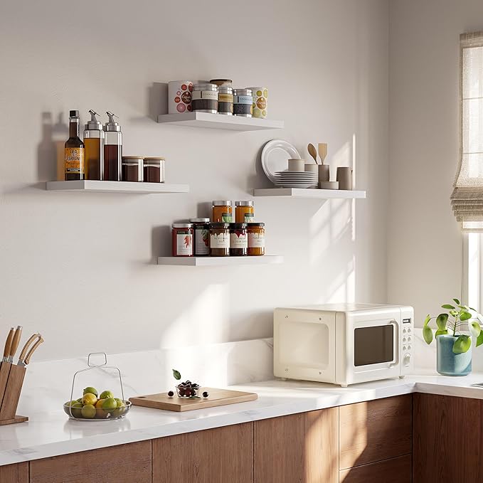 16’’White Floating Shelves for Wall Set of 4,Rustic Wood Shelf for Room Decor/Storage/Display,Small Bookshelf,Wall Mounted Hanging Shelves for Bedroom, Bathroom, Living Room, Kitchen