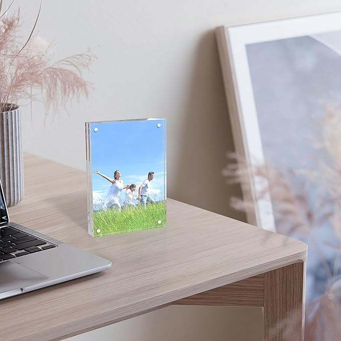 Picture Frame, 3 Pack 4x6 Acrylic Magnetic Photo Frame, Clear Double Sided Free Standing Lucite Frameless with 20% Thicker Block, Transparent Tabletop Display for Gift