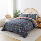 Travan 3-Piece Quilt Set Quilted Bedspread Lightweight Coverlet Set Garden Style Floral Printed Oversized Quilted Bedding Set for All Season, Blue Flower Sea, King Size