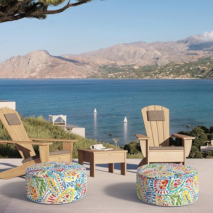 Inflatable Ottoman Stool D21 xH9 for Outdoor/Indoor Use, Water Repellent Patio Foot Rest Stool with Portable Handle,Round Pouf Ottoman Suitable for Garden,Deck and Camping - Paisley Multi