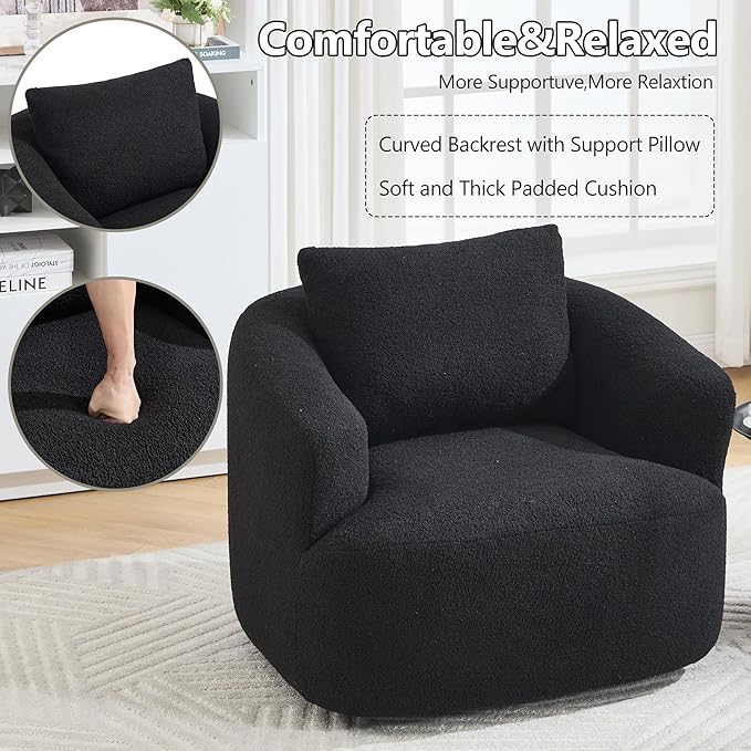 Swivel Accent Chair,360° Rotating Barrel Chair,Teddy Fleece High-Resilience Sponge Single Sofa, Easy Assembly for Living Room, Bedroom, Apartment Black