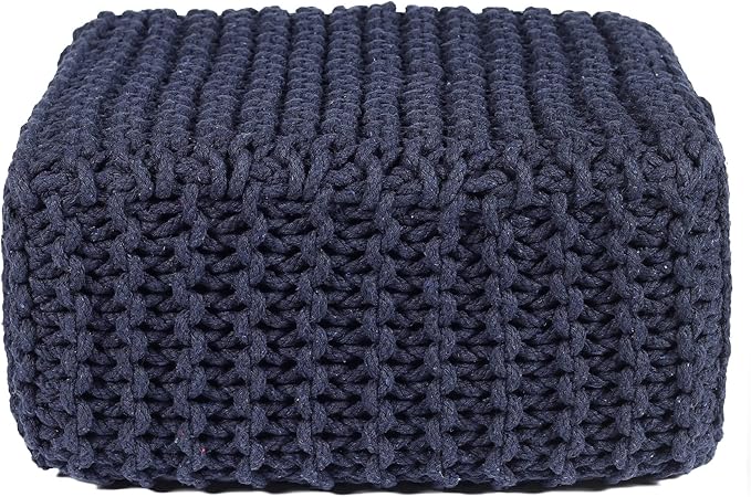 REDEARTH · Cube Low Pouf Foot Stool Ottoman - Hand Knitted Poof - Cord Boho Pouffe - Home Décor - Stuffed Footrest for Living Room - Nursery - Bedroom - Patio (16" x 16" x 8") - Navy Blue