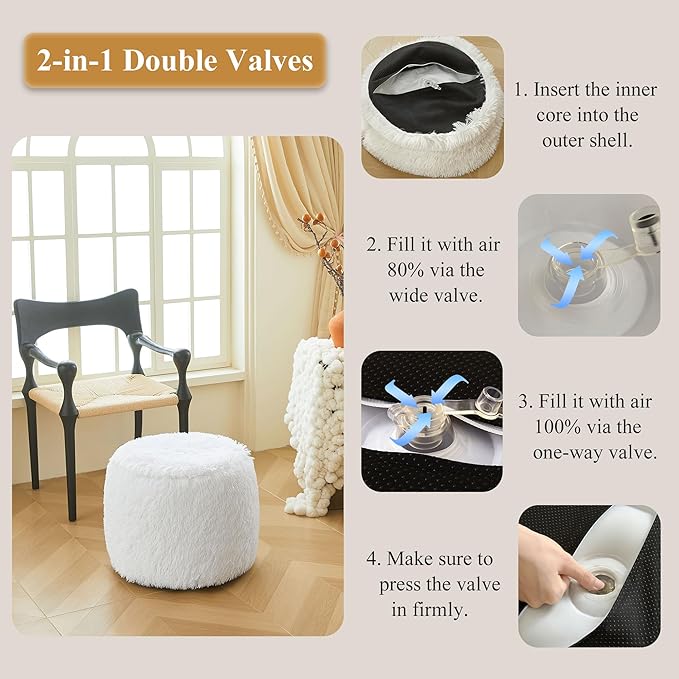 XeGe Fluffy Faux Fur Inflatable Pouf Ottoman, Comfy Shaggy Fuzzy Foot Stool Anti-Slip, Plush Foot Rest Floor Pouf Home Decorative, Foldable Round Ottoman Cushion for Living Room Bedroom, White