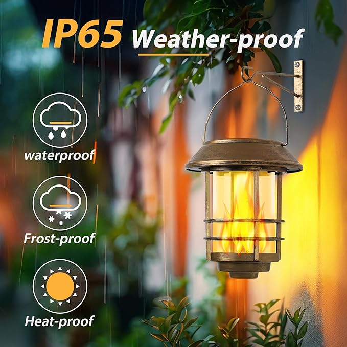 Otdair Solar Wall Lantern Outdoor, Flickering Flames Solar Sconce Lights Outdoor, Hanging Lamps Wall Mount for Front Porch, Patio and Yard, 2 Pack, Yellow Bronze