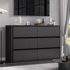 Black Dresser for Bedroom with 6 Double Drawers, 48" Wide Wooden Chest of Drawers with Curved Profile, Modern Fluted Dresser TV Stand, Wood Closet Clothes Storage Organizer for Living Room