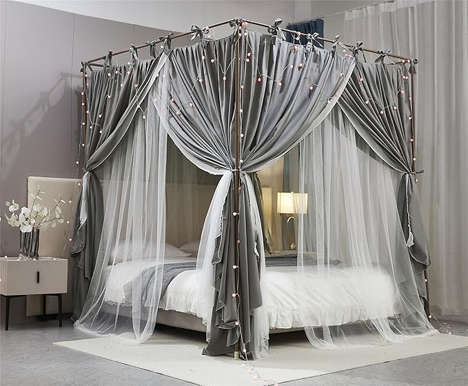 4 Corners Post Princess Curtain Bed Canopy Double Layer Cozy Mosquito Net Mesh and Cloth for Girls Adults Bedroom Decoration (Double-Grey/White, 78" W*86" L*82"*H/(King))