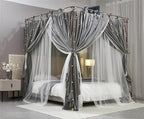 4 Corners Post Princess Curtain Bed Canopy Double Layer Cozy Mosquito Net Mesh and Cloth for Girls Adults Bedroom Decoration (Double-Grey/White, 78" W*86" L*82"*H/(King))