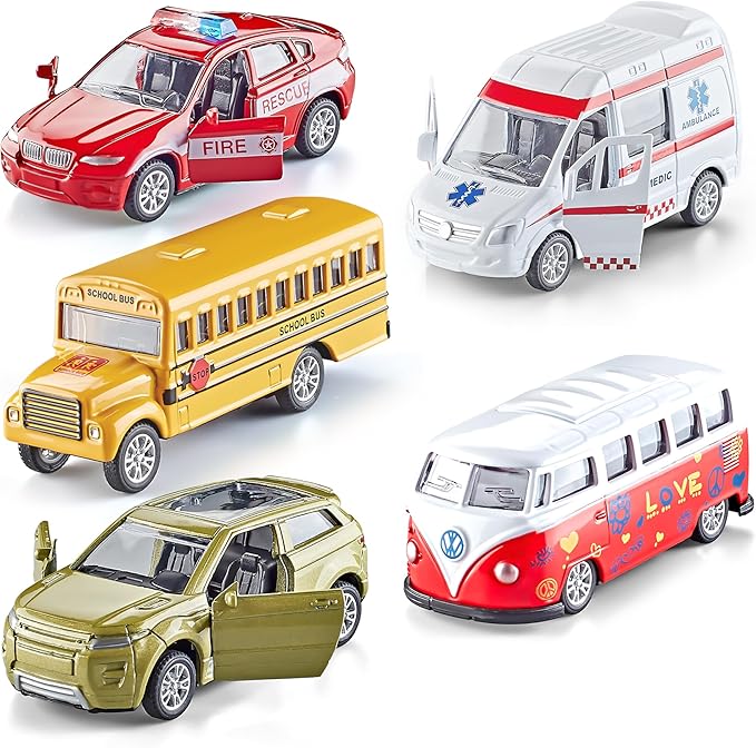 KIDAMI Die-cast Metal Toy Cars Set of 5, Openable Doors, Pull Back Cars Ambulance, Gift Pack for Kids (Official Car Ⅱ)