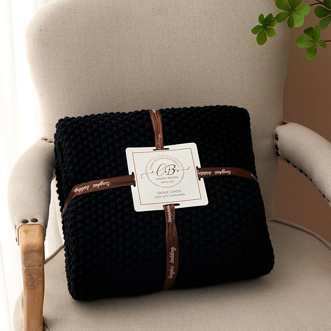 Longhui bedding Chunky Cable Knit Throw Blanket Lightweight Black 100% Organic Cotton Blanket for Sofa Couch Bed Baby Nursery, Rustic Shabby Chic Modern Farmhouse, 51” x 63” Give Laundering Bag