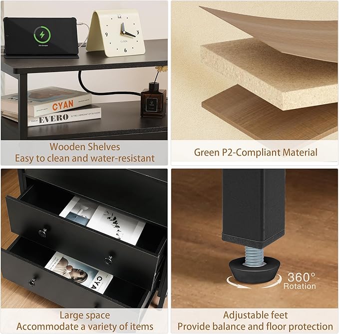 27 inch Wide Night Stand Set 2 with Charging Station, Bedside Table with Open Shelf, 2 Drawers Small Wood Dresser, Modern Wood Nightstand for Bedroom/Living Room (Black)