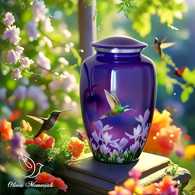 Olivia Memorials Urn for Ashes Women Men Adult | Hummingbird Urn for Female Male | Free Pendant Necklace | Human Funeral Decorative Purple Urn for Mom Dad Pet Dog
