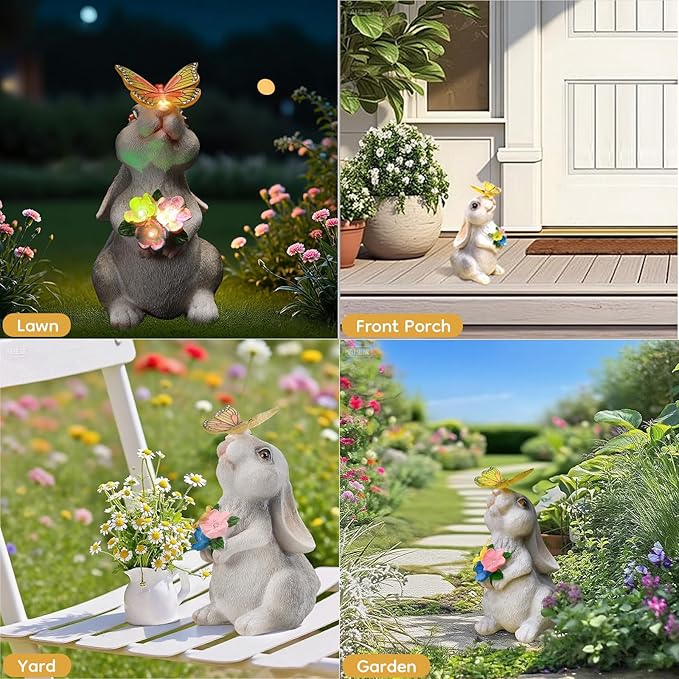 Solar Bunny Statues Light for Garden - Color-Changing Rainbow LED Butterfly,Rabbit Figurine Decor Auto On/Off,Easter Gifts for Yard Balcony & Patio Ornaments (Colorful Light)