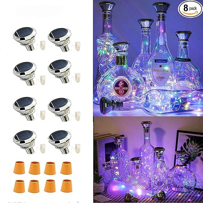 Solar Wine Bottle Lights Outdoor, Cork Lights for Wine Bottles Waterproof, Fairy Lights Solar for Wedding Party Garden Patio Pathway Decor, Suitable for Most Wine Bottle Mouths-MultiColor (8 Pack)