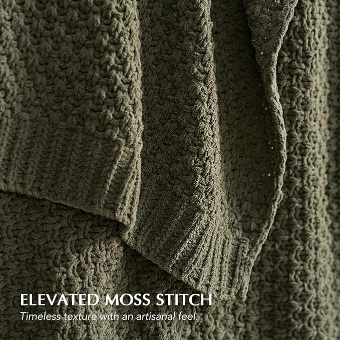 Chunky Chenille Knit Throw Blanket for Couch, Soft Luxurious Moss Stitch Blankets for Bed, Cozy Decorative Farmhouse Knitted Throws for Sofa, Olive Green, 60" x 80"