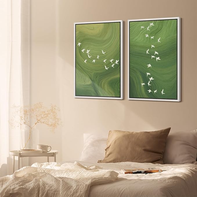 SIGNFORD Framed Canvas Print Wall Art Set Green Swirl Abstract White Birds Illustration Modern Art Decorative Nordic Nature for Living Room, Bedroom, Office - 16"x24"x2 White