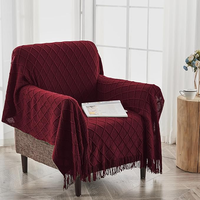 inhand Knitted Throw Blankets for Couch and Bed, Soft Cozy Knit Blanket with Tassel, Claret Lightweight Decorative Blankets and Throws, Farmhouse Warm Woven Blanket for Men and Women, 50"x60"