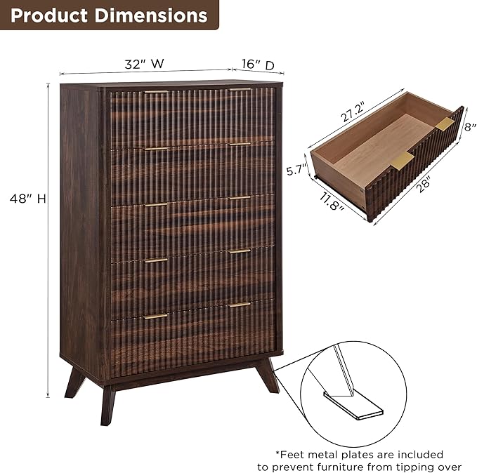 T4TREAM Fluted 5 Drawers Dresser, 48" Tall Modern Chest of Drawers, Curved Profile Design, Wood Drawer Organizer for Bedroom, Living Room, Hallway, Entryway, Dark Walnut