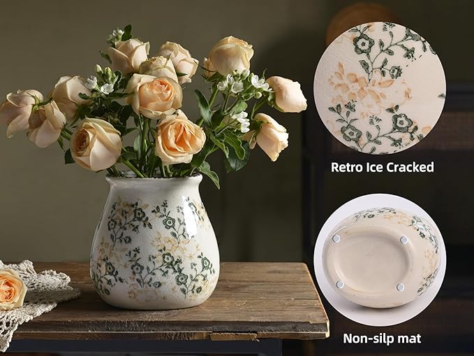 Vintage Flower Vase, Chinoiserie Floral Ceramic Vase for Home Decor, Green and White Decorative Vases for Centerpiece Table Decorations, Vases for Living Room Kitchen Entryway Mantle Shelf Decor Vase
