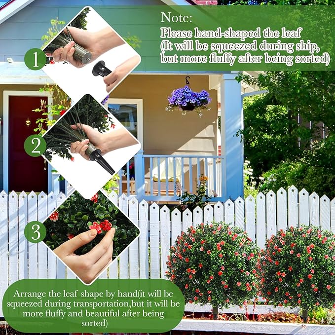 Yunlly Set of 2 Artificial Boxwood Topiary Ball Tree Fake Bushes Shrubs Outdoor Faux Plant with Ground Spike Flowers UV Resistance Greenery for Front Porch Garden Patio Indoor(Red,27x18inch)