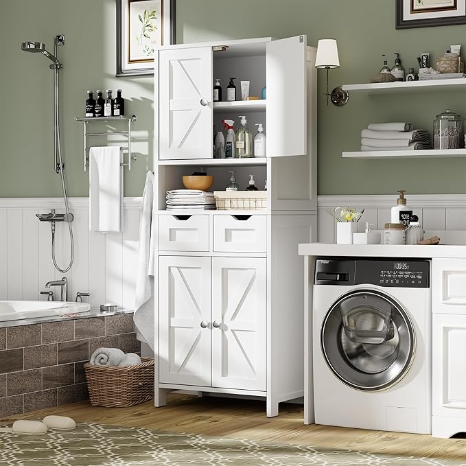 ANWBROAD 67” Bathroom Storage Cabinet Tall Storage Cabinet with Adjustable Shelves and Drawers Freestanding for Bathroom Kitchen Pantry Living Room Cabinet USBC002W