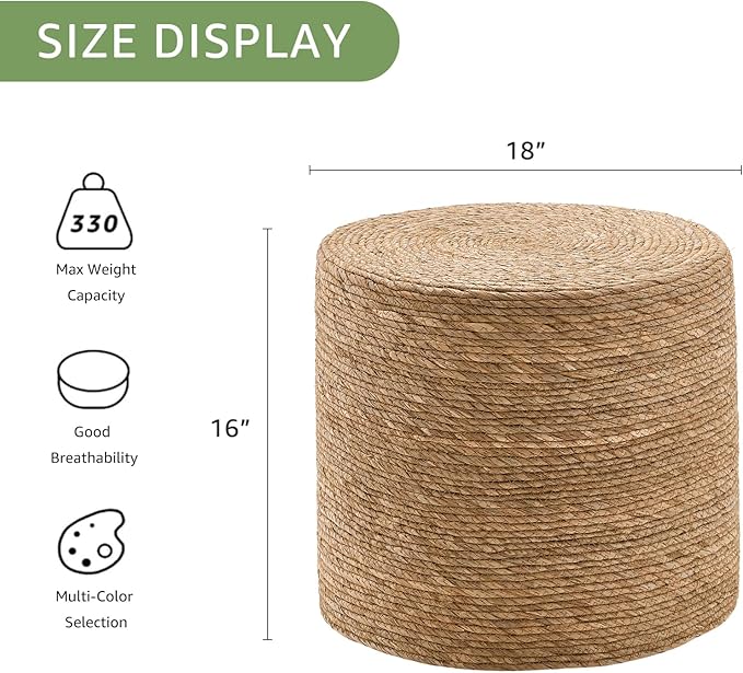 Wimarsbon 18'' Ottoman Pouf, Natural Braided Poof, Rustic Handweave Lounge Pouffe, Boho Footrest Stool for Bedroom, Accent Table for Living Room (18inch Natural Cattail)