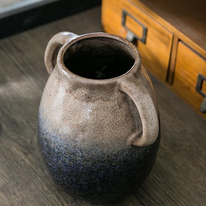 Brown Gradient Ceramic Vase with 2 Handles, Modern Farmhouse Decor, Rustic Terracotta Pottery, Decorative Flower Vases, Clay Small Vase, Centerpiece for Dining Table - 7 Inch Tall