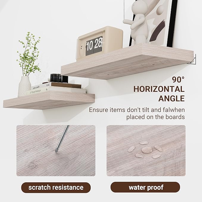 48 Inch Floating Shelves, 3D Textured Wood Grain, 48"x9.25"x1.5" Inch Deep Floating Shelves for Wall, Wooden Shelves for Bathroom, Bedroom, Living Room, Washed White