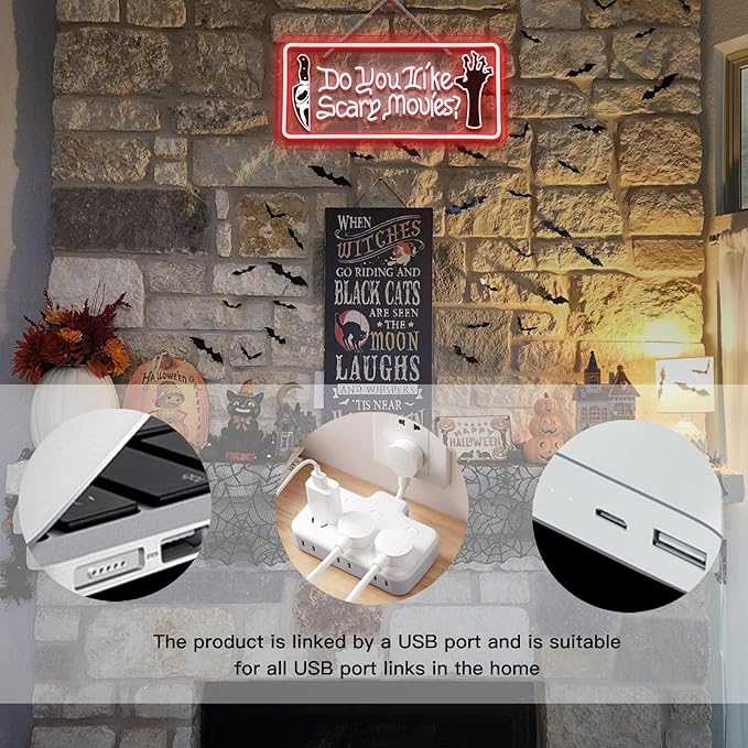 WLHOPE Do You Like Scare Movies Neon Sign Dimmable Neon Signs For Wall Decor Led Lights For Cinema Halloween Bar Club Party Teen Boy Bedroom Game Room Decor Gifts USB Powered 16.54x7.87in