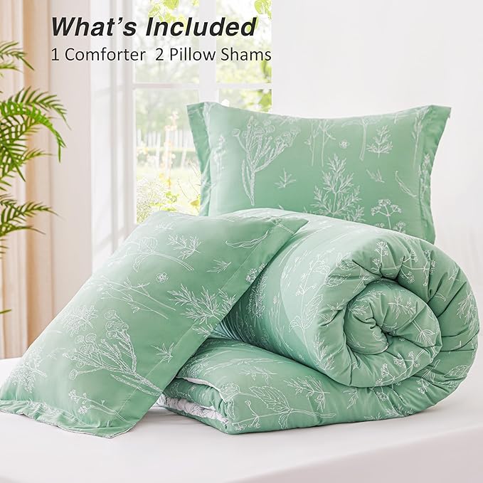 Love's cabin Sage Green Comforter Set Queen - Queen Size Comforter Set, 3 Pieces Cute Floral Bedding Sets for All Seasons,1 Soft Reversible Botanical Flowers Comforter and 2 Pillow Shams
