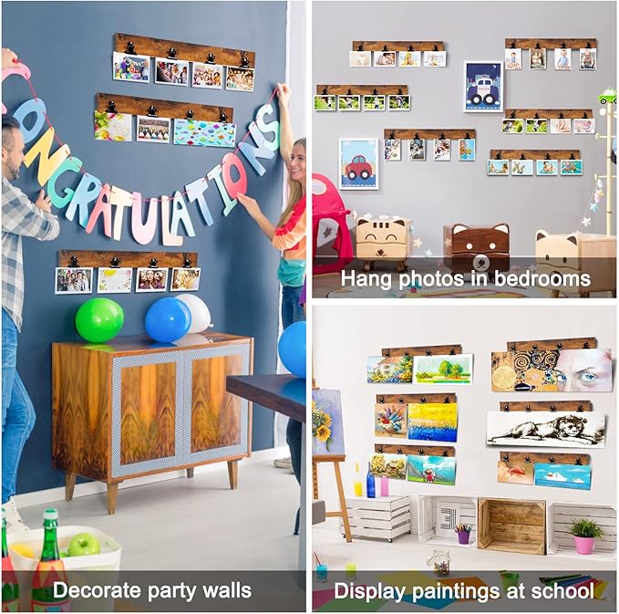 Picture Frame With 24 Clips,Large Size Collage Photo Frames, Hanging Wall Decor Frame, Organize and Display Photos, Artwork. No Assembly Required, Brown