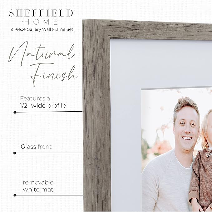 Sheffield Home 9 Piece Gallery Wall Frame Set, 12x12 Inch, Natural