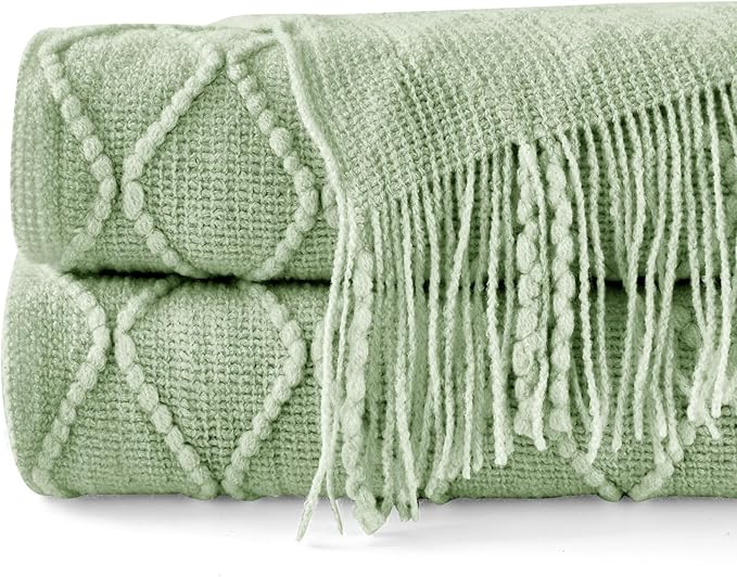 inhand Sage Green Throw Blanket for Couch, Soft Living Room Home Decor Knitted Blanket with Tassel, Outdoor Lightweight Breathable Summer Blanket, Farmhouse Warm Woven Decorative, 50"x60"