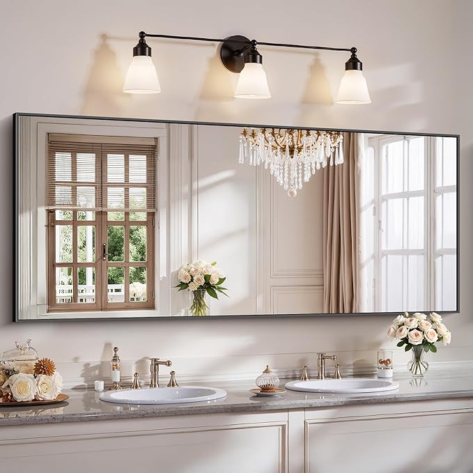 YIROMAN Bathroom Mirror 72"x30", Large Matte Black Bathroom Mirror for Over Sink with Aluminum Frame, Rectangular Vanity Mirror with Right Angle, Wall Mirror Hangs Horizontal or Vertical, Shatterproof