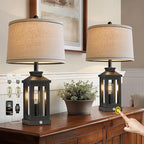 BOBOMOMO 23.75" Farmhouse Black Table Lamps Set of 2– Rustic Bedside Lamps with 3 Way Dimmable Touch Control Night Light & USB A+C Ports, Modern Lamp for Bedroom, Living Room, Entryway