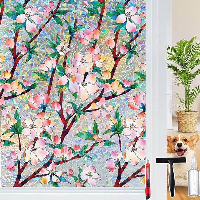 Rainbow Window Privacy Film Decorative, 3D Decals Stained Glass Clings, Static Cling Sticker, Suncatcher Windows Cover Tint for Home, 23.6 Inch x 78.7 Inch