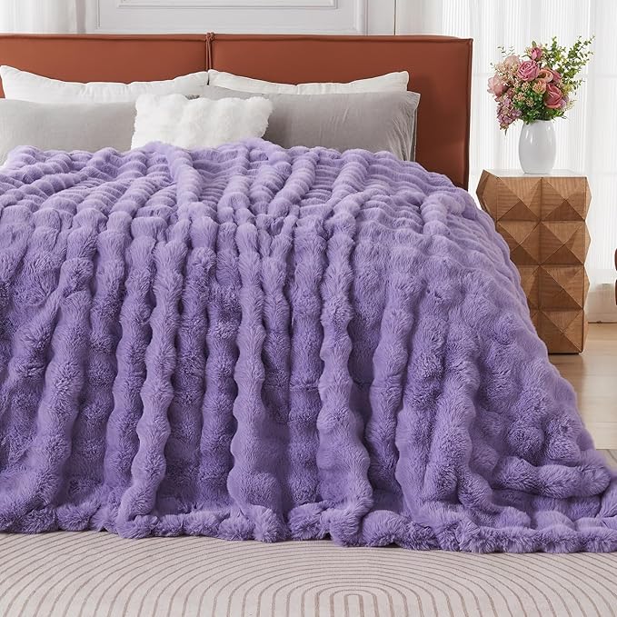 Lotus Karen Faux Fur Throw Blanket Purple - Big Bubble Rabbit Fluff Blanket for Couch Bed Sofa,Softest Fluffy Fuzzy Cozy Blanket,Thick Furry Plush Shaggy Warm Blankets for Women,90x90 Inches
