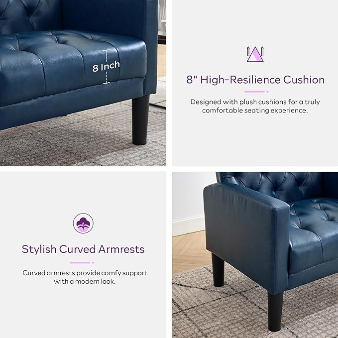 TYBOATLE Accent Chairs Set of 2 Comfy Living Room Chair Leather Tufted Mid Century Modern Accent Chair, Small Cozy Reading Arm Chair for Office, Bedroom (2, Blue)